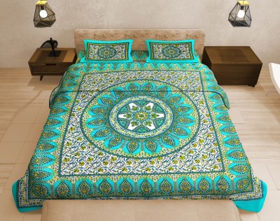 UNIQCHOICE 120 TC Cotton Double Jaipuri Prints Flat Bedsheet(Pack of 1, C-Green)