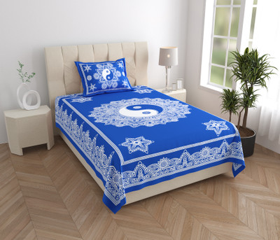 HOMEQUIPO 144 TC Cotton Single Jaipuri Prints Flat Bedsheet(Pack of 1, Blue)