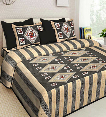KANDY SHOP Cotton Double Flat 104 TC Jaipuri Prints Bedsheet(Pack of 1, Black)