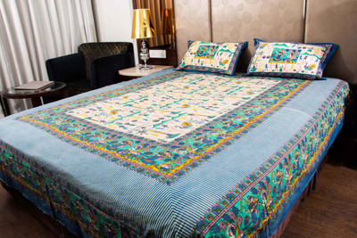 PALANG SHOBHA Cotton Double Fitted (Elastic) 250 TC Jaipuri Prints Bedsheet(Pack of 1, Multicolor)