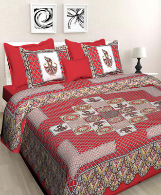JAIPUR PRINTS Cotton Double Flat 144 TC Jaipuri Prints Bedsheet(Pack of 1, Red)