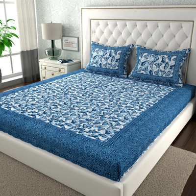 Flipkart SmartBuy Cotton Double Flat 104 TC Jaipuri Prints Bedsheet(Pack of 1, Blue 1)
