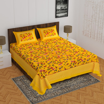Indian Royal Fashion Cotton Double Flat 144 TC Printed Bedsheet(Pack of 1, Yellow)
