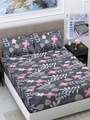 Fabinaliv 300 TC Polycotton King Floral Fitted (Elastic) Bedsheet(Pack of 1, Medium Grey)