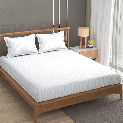 ARDM 400 TC Cotton Double Striped Flat Bedsheet(Pack of 1, White)