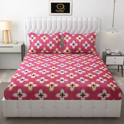 GLORIES 210 TC Microfiber King Printed Fitted (Elastic) Bedsheet(Pack of 1, Pink)