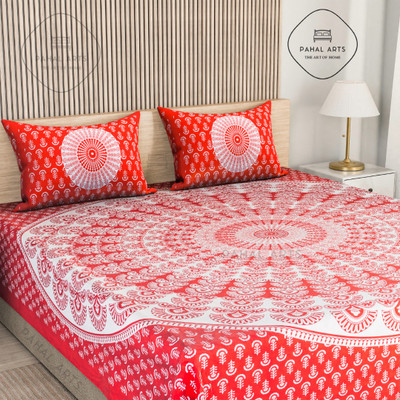 PahalArts 180 TC Cotton Double Jaipuri Prints Flat Bedsheet(Pack of 1, Red)