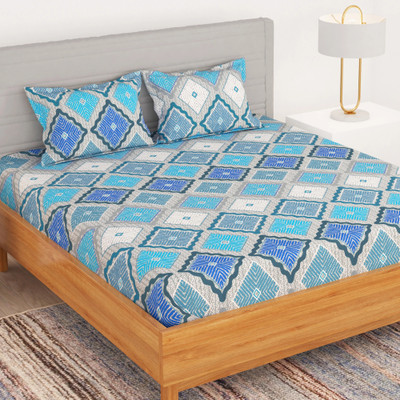 Bedspun 180 TC Microfiber Double Printed Flat Bedsheet(Pack of 1, Blue, White)