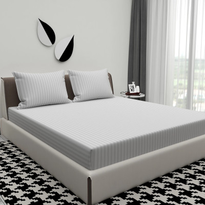 ATCamber Cotton Double Flat 300 TC Striped Bedsheet(Pack of 1, Light Grey)