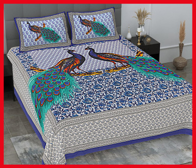 JAIPUR PRINTS Cotton Double Flat 230 TC Jaipuri Prints Bedsheet(Pack of 1, Blue)