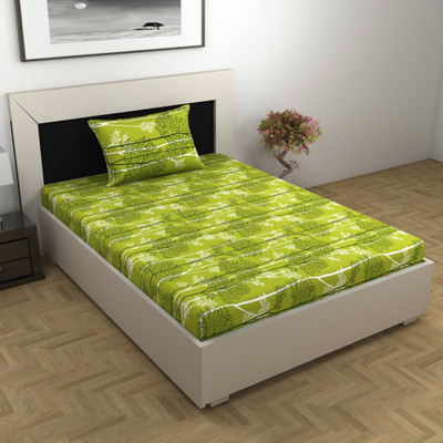 Divine Casa Cotton Single Flat 144 TC Floral Bedsheet(Pack of 1, Apple Green)