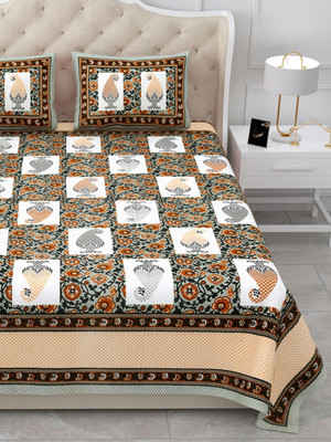 KUVAS Cotton Double Flat 144 TC Jaipuri Prints Bedsheet(Pack of 1, Brown)