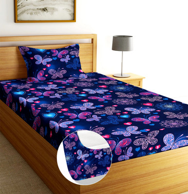 Moonroof Cotton Single Fitted (Elastic) 240 TC Printed Bedsheet(Pack of 1, Blue Butterfly)