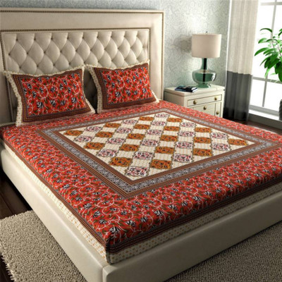 COZYKO Cotton Double Flat 144 TC Jaipuri Prints Bedsheet(Pack of 1, Peach)