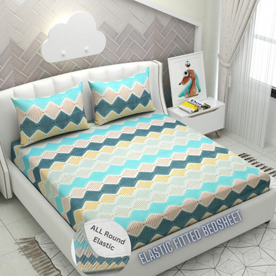 Apala 280 TC Microfiber King Printed Fitted (Elastic) Bedsheet(Pack of 1, Yellow:Sky)
