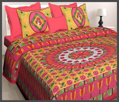 JAIPUR PRINTS Cotton Double Flat 160 TC Jaipuri Prints Bedsheet(Pack of 1, Pink)
