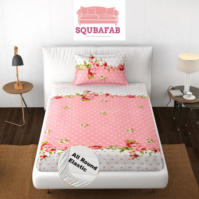 SQUBAFAB 210 TC Cotton Single Printed Fitted (Elastic) Bedsheet(Pack of 1, PinkCenterFlower)