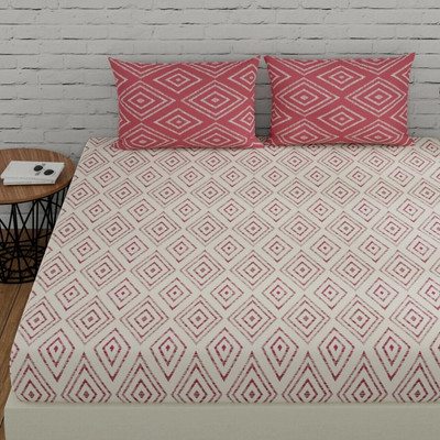 Huesland Cotton King Flat 144 TC Geometric Bedsheet(Pack of 1, White & Peach Pink)