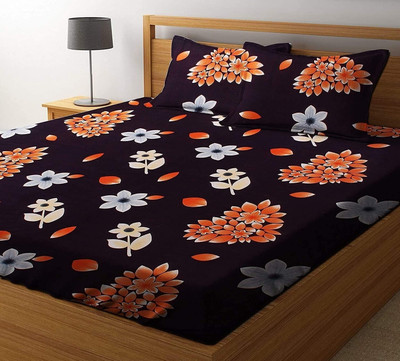 BEVI Microfiber Double Fitted (Elastic) 300 TC Printed Bedsheet(Pack of 1, Brown)