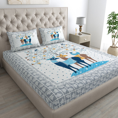 Cosito 144 TC Cotton Double Jaipuri Prints Flat Bedsheet(Pack of 1, Grey)