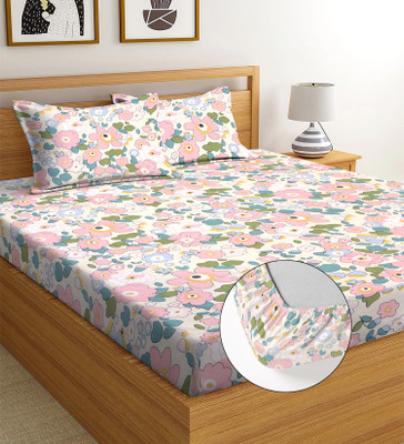 BLUEDOT 244 TC Cotton Double Printed Fitted (Elastic) Bedsheet(Pack of 1, Multicolor)