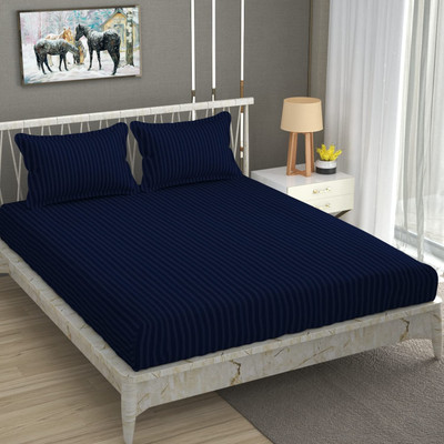 ATCamber Cotton Double Flat 300 TC Striped Bedsheet(Pack of 1, Navy Blue)