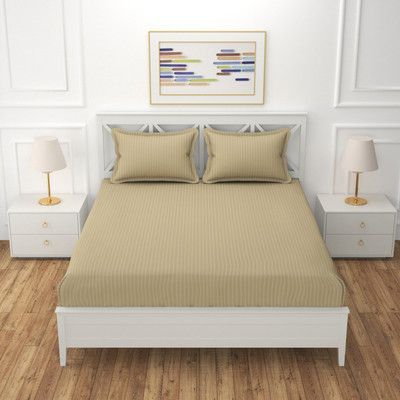 REYANSH DECOR Polycotton Super King Flat 200 TC Self Design Bedsheet(Pack of 1, Beige_Stripes)
