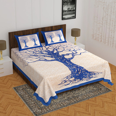KANDY SHOP Cotton Double Flat 144 TC Jaipuri Prints Bedsheet(Pack of 1, Blue)