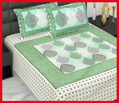BedZone Cotton Double Flat 210 TC Jaipuri Prints Bedsheet(Pack of 1, Green)