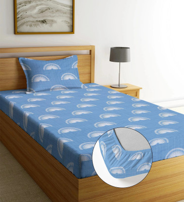 Moonroof Cotton Single Fitted (Elastic) 244 TC Printed Bedsheet(Pack of 1, Blue, White_Sunflower)