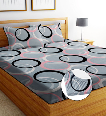 Moonroof Cotton Double Fitted (Elastic) 244 TC Printed Bedsheet(Pack of 1, Grey)