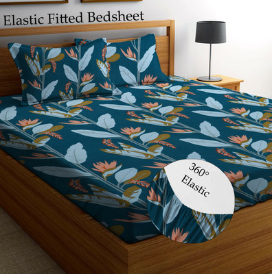 Amrange 210 TC Microfiber King Floral Fitted (Elastic) Bedsheet(Pack of 1, Green)