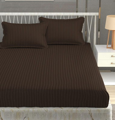 REDROME Cotton Double Fitted (Elastic) 300 TC Striped Bedsheet(Pack of 1, Coffee)