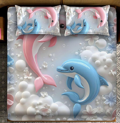 Woolpik Polycotton Queen Flat 300 TC 3D Printed Bedsheet(Pack of 1, Multicolor(Dolphin))