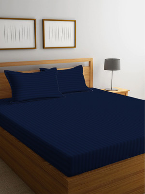 veerhl Cotton Double Flat 220 TC Striped Bedsheet(Pack of 1, Navy Blue Satin, QE)