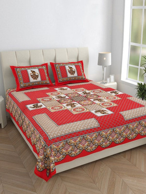 KOUNDAL Cotton Double Flat 144 TC Jaipuri Prints Bedsheet(Pack of 1, Red)