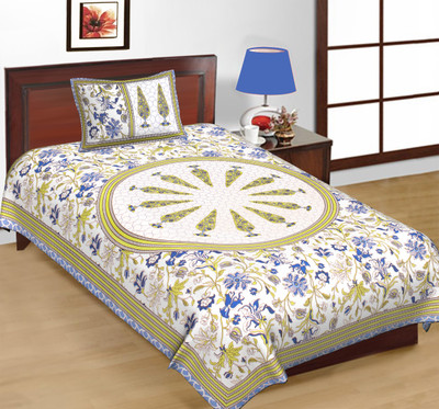 Satnam Prints Cotton Single Flat 160 TC Printed Bedsheet(Pack of 1, Blue)