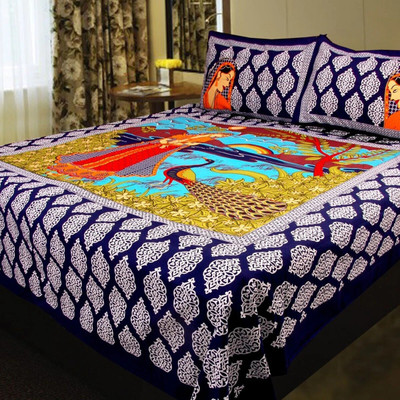 JAIPUR FASHION Cotton Double Flat Printed Bedsheet(Pack of 1, Blue)