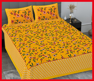 BedZone Cotton Double Flat 230 TC Jaipuri Prints Bedsheet(Pack of 1, Yellow)