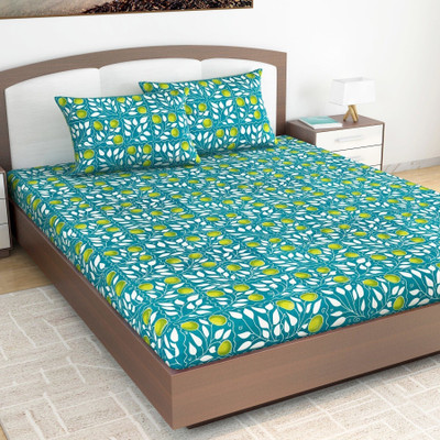 Divine Casa Cotton King Flat 144 TC Floral Bedsheet(Pack of 1, Tile Blue)
