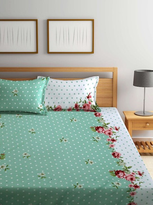 Rumps Microfiber Double Fitted (Elastic) 210 TC Printed Bedsheet(Pack of 1, Black, White)