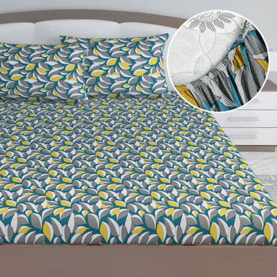 Divine Casa Cotton King Fitted (Elastic) 144 TC Floral Bedsheet(Pack of 1, Woody Petals)