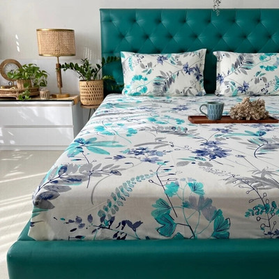 Urban Space Cotton Double Flat 200 TC Printed Bedsheet(Pack of 1, Floral Feast Turquoise Blue)