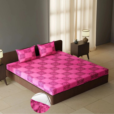 CARLTON LONDON Cotton Queen Fitted (Elastic) 104 TC Geometric Bedsheet(Pack of 1, Multicolor95)