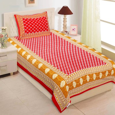 BharatLinen 240 TC Cotton Single Jaipuri Prints Flat Bedsheet(Pack of 1, Red)