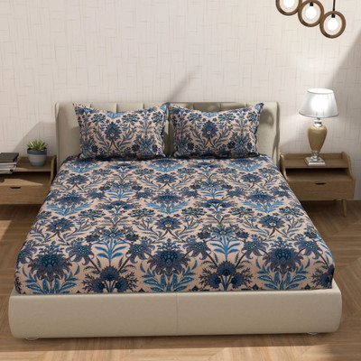 BM Decor Polycotton King Fitted (Elastic) 144 TC Floral Bedsheet(Pack of 1, Multicolor)