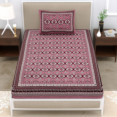 Kksh Cotton Single Flat 144 TC Jaipuri Prints Bedsheet(Pack of 1, Wine)