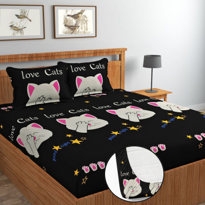 Mahakalidecor Microfiber Double Fitted (Elastic) 180 TC Printed Bedsheet(Pack of 1, Black)