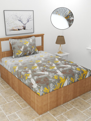 MORADO 210 TC Polycotton Single Floral Fitted (Elastic) Bedsheet(Pack of 1, Charcoal)