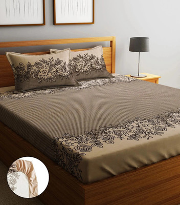 Home Sizzler 210 TC Microfiber Double Floral Fitted (Elastic) Bedsheet(Pack of 1, Coffee Brown)